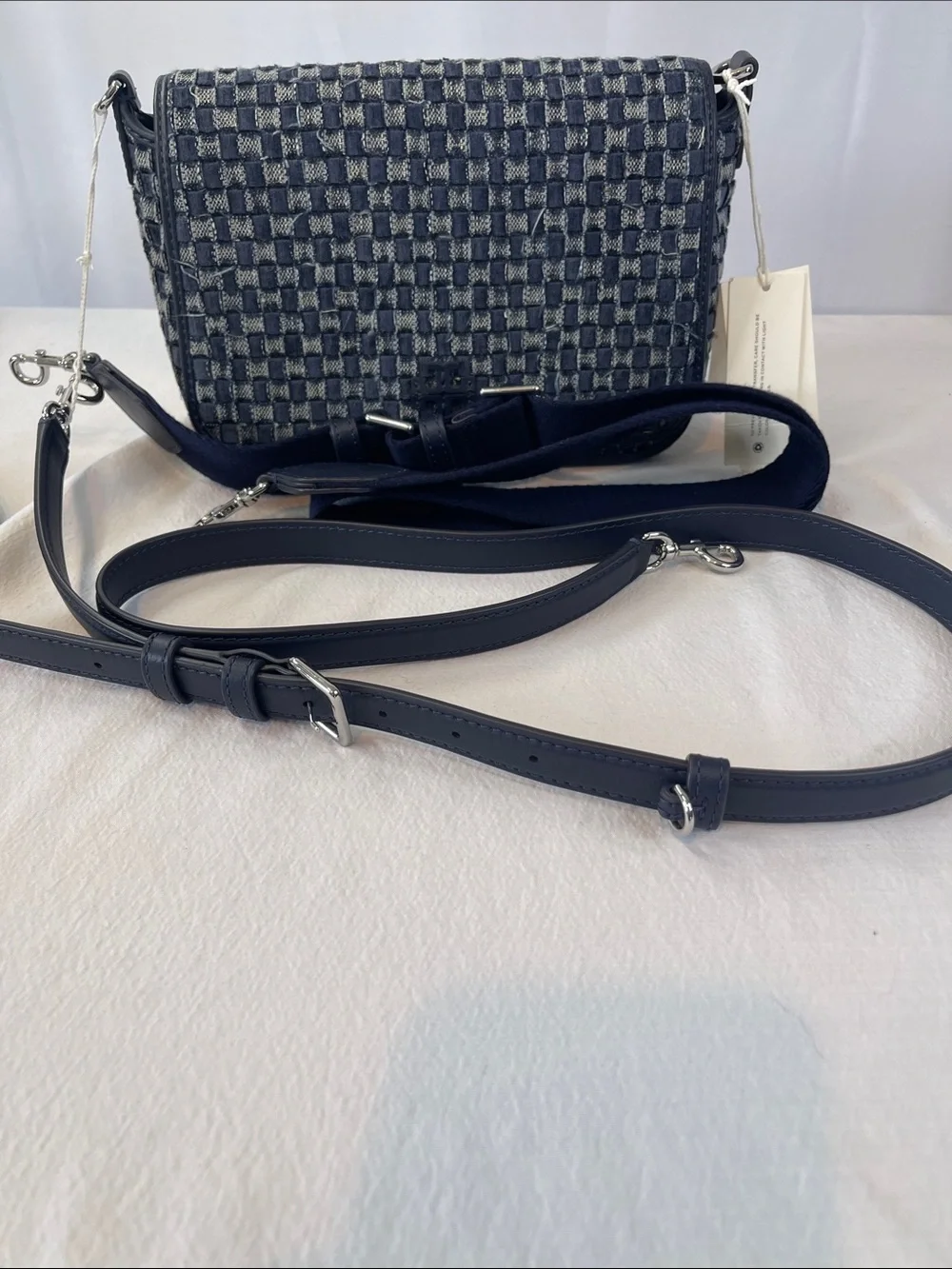 NWT Tory Burch Thea Denim Flap Crossbody Woven Blue 2 Straps
